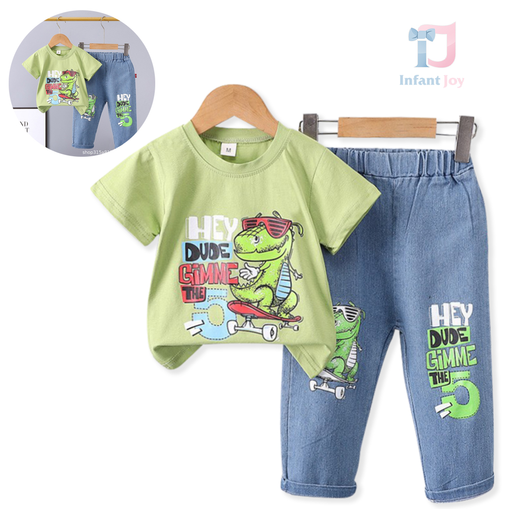 2-piece t-shirt with printed pattern and long denim trousers set Hey Dino