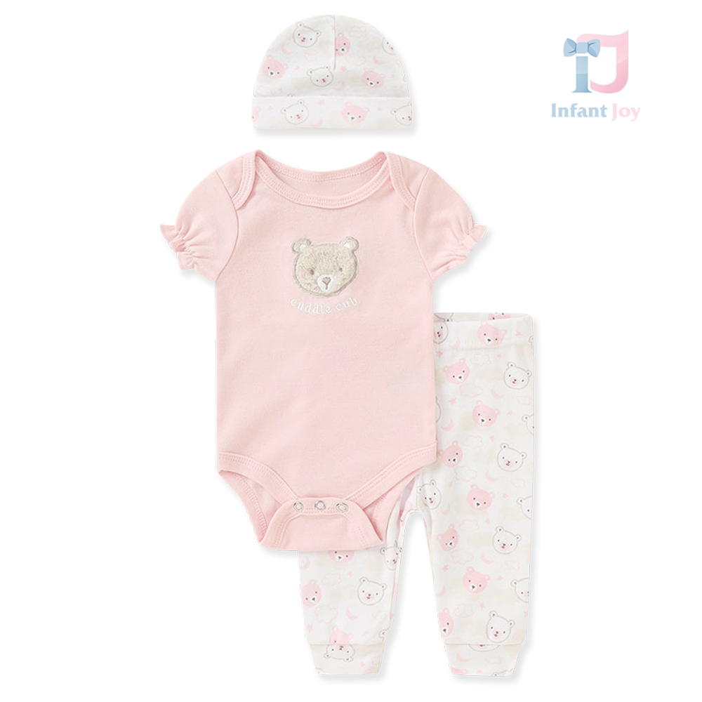 3-piece bodysuit with snap fastening, trousers and hat SoftPink Bears