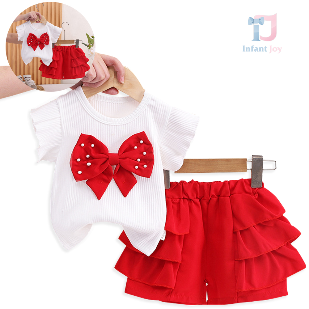 2-piece ribbed t-shirt with ruffles, 3d bow and shorts set Ribbon With Pearls Red