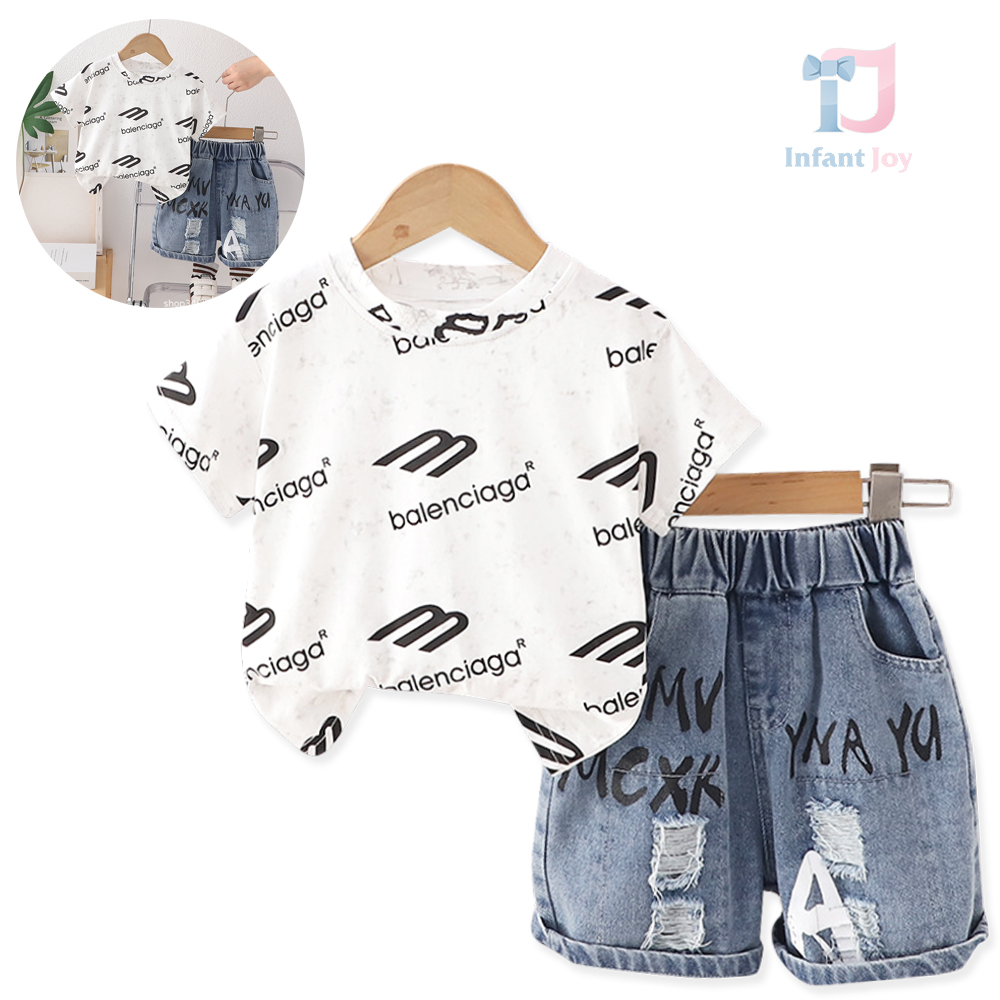 2-piece t-shirt and short denim trousers set with distressed areas and inscriptions M Style