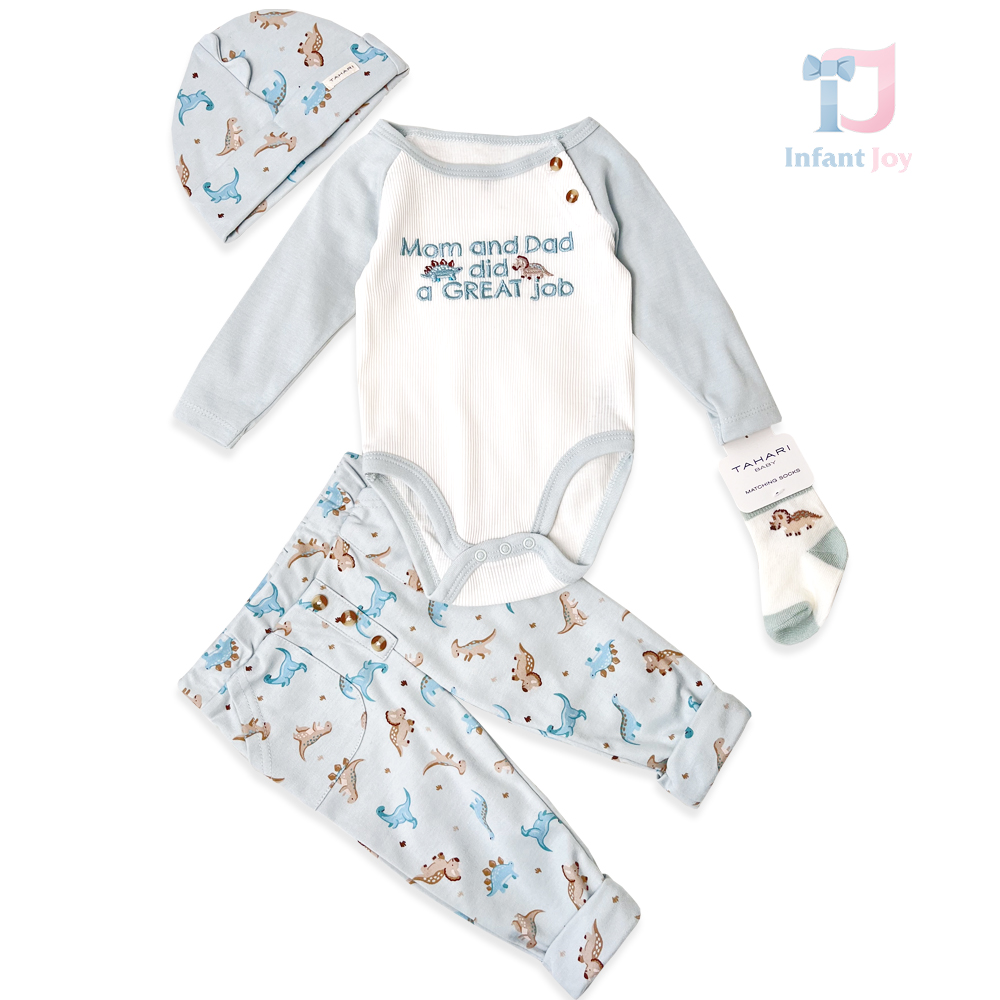 4-piece striped bodysuit, leggings, hat and socks set Mini Dino