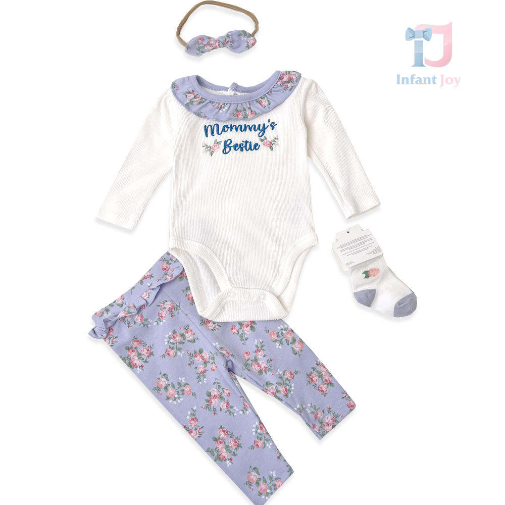 4-piece bodysuit with embroidery, floral leggings, headband and socks set Mommy`s Bestie