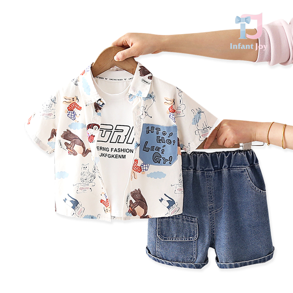 3-piece shirt with classic collar, cat print, t-shirt and short denim trousers Cat Mood