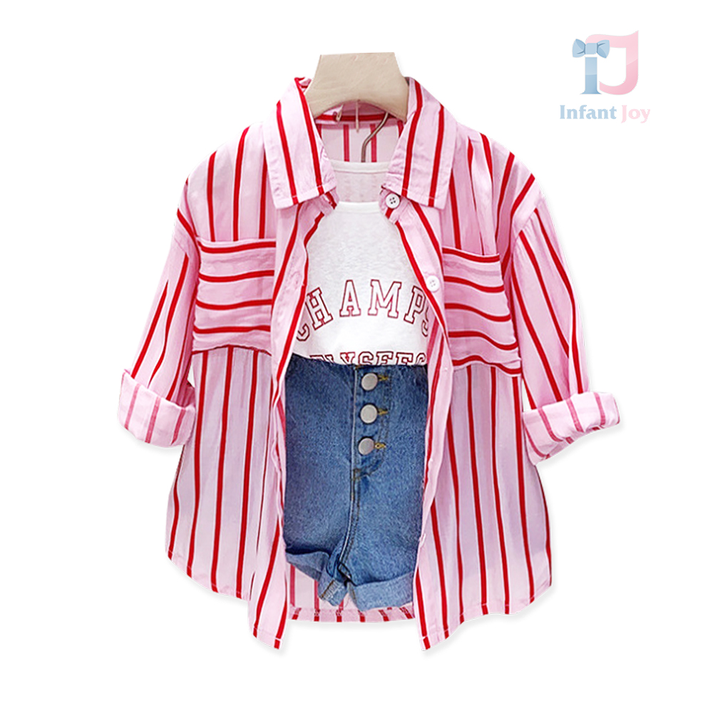 3-piece striped shirt, top and short denim trousers set Champs Pink