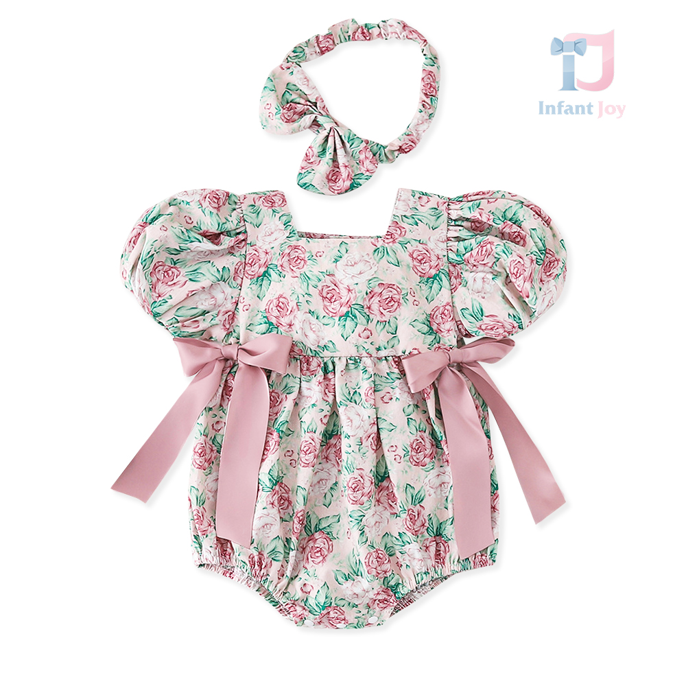 2-piece bodysuit and headband set with puff sleeves, floral print and 3D bows Pink Sonata