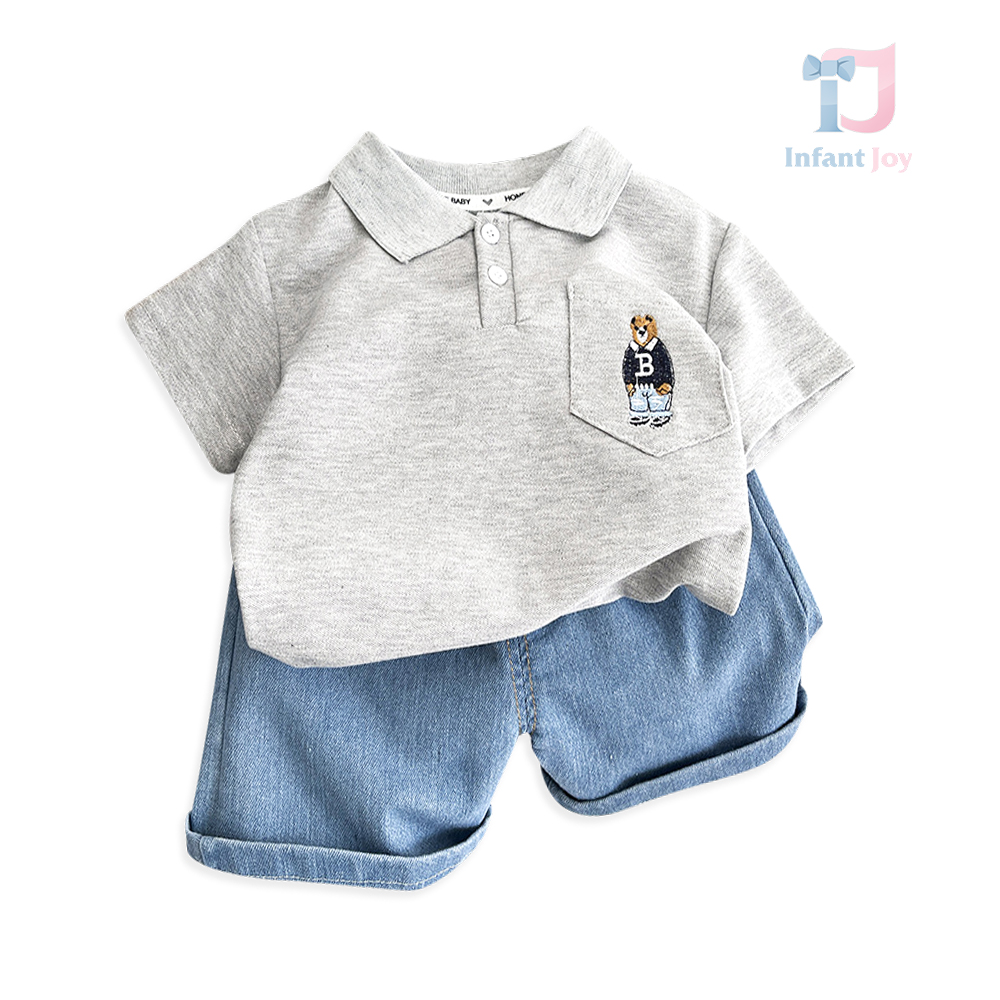 2-piece t-shirt and short denim trousers set with classic collar and embroidery Bearcrest