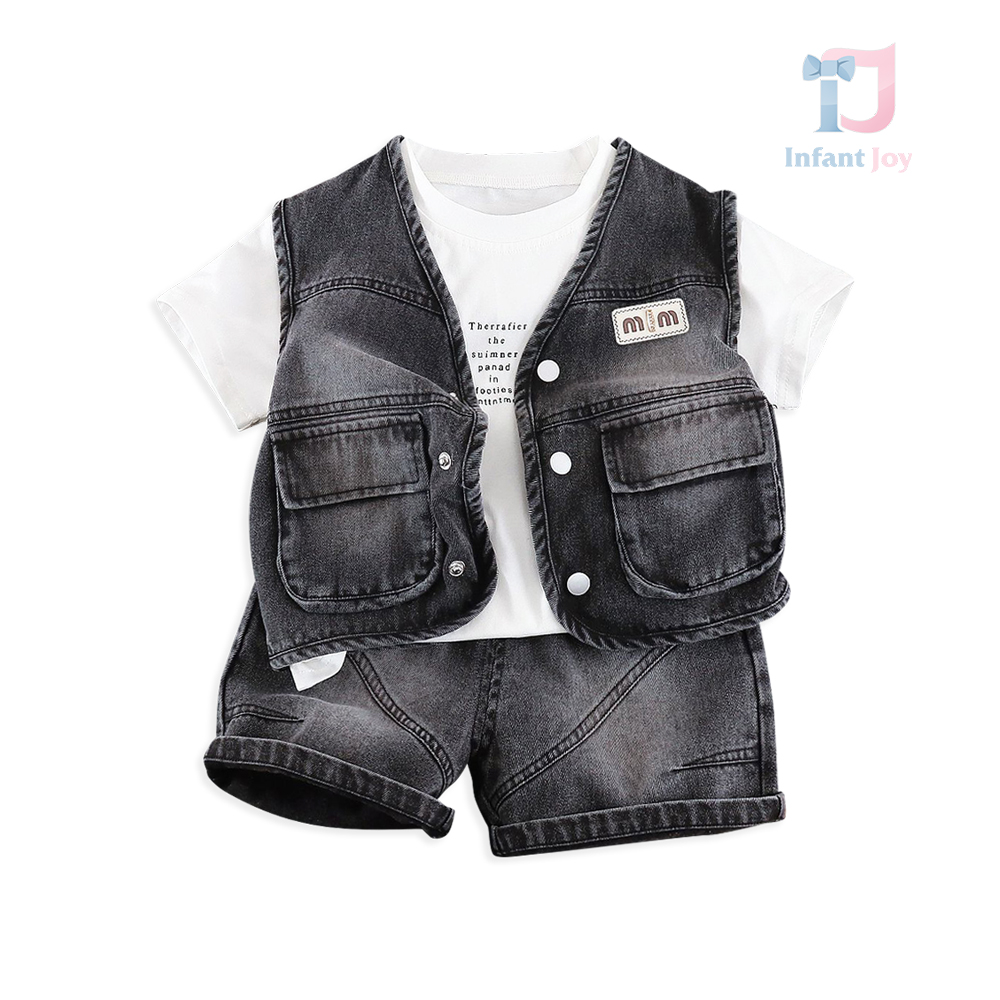 3-piece denim vest with classic collar, t-shirt and shorts set Denim MM