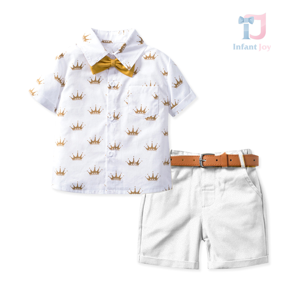 4-piece formal shirt and shorts set with belt and detachable bow tie Golden Heir White