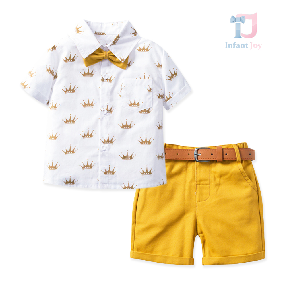 4-piece formal set including patterned shirt with classic collar, shorts, belt and detachable bow tie Golden Heir