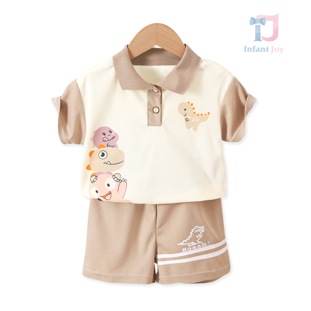 Kétrészes póló klasszikus gallérral, mintákkal és rövidnadrággal, Roar Friends Beige színben