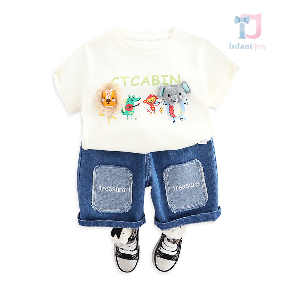 2-piece t-shirt with 3d elements and short denim trousers set Treasure Animales White