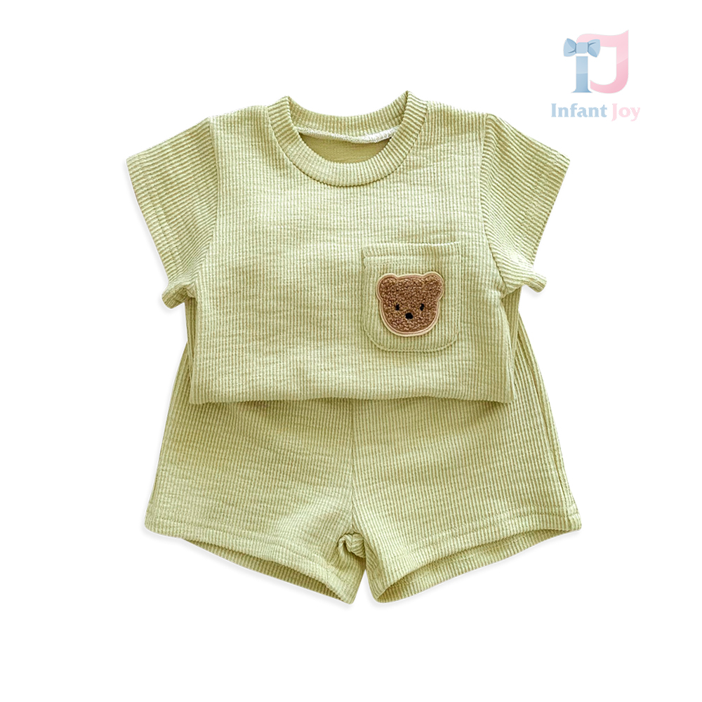 2-piece waffle effect t-shirt with plush applique and trousers set Waffle Bear Green