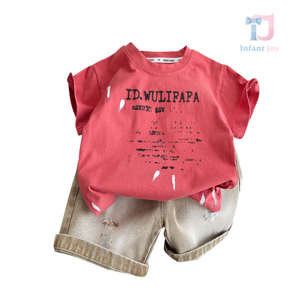 2-piece t-shirt and short denim trousers set with distressed details Fafa Red