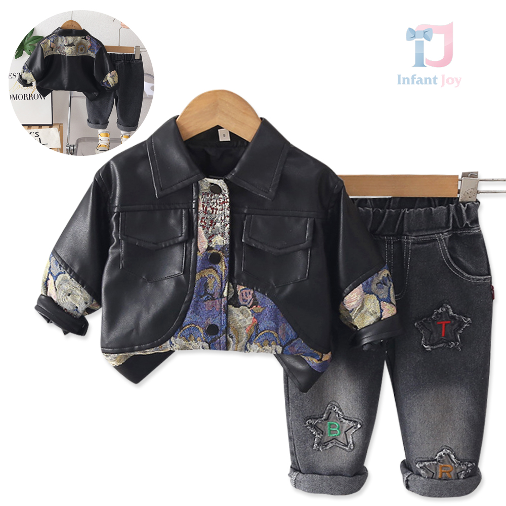 2-piece modern set with faux leather jacket, melange elements and denim trousers with embroidery Downtown Kid