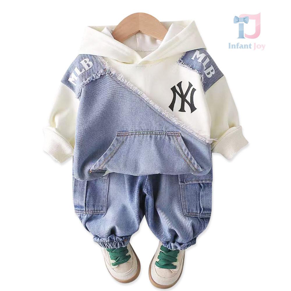 Modern kétrészes szett kapucnis pulóverrel és cargo farmernadrággal Mix Denim
