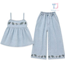 2-piece denim top with embroidery and lace and trousers set Boho Flower