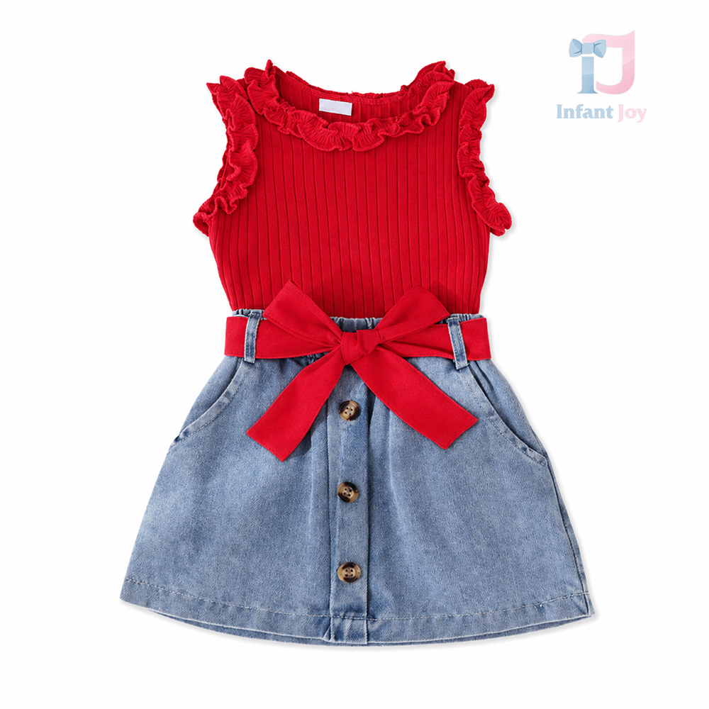 3-piece ribbed top with ruffles, denim skirt and decorative belt set Éclair Red