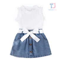 3-piece rib top with ruffles, denim skirt and decorative belt set Éclair White