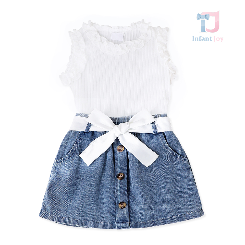 3-piece rib top with ruffles, denim skirt and decorative belt set Éclair White