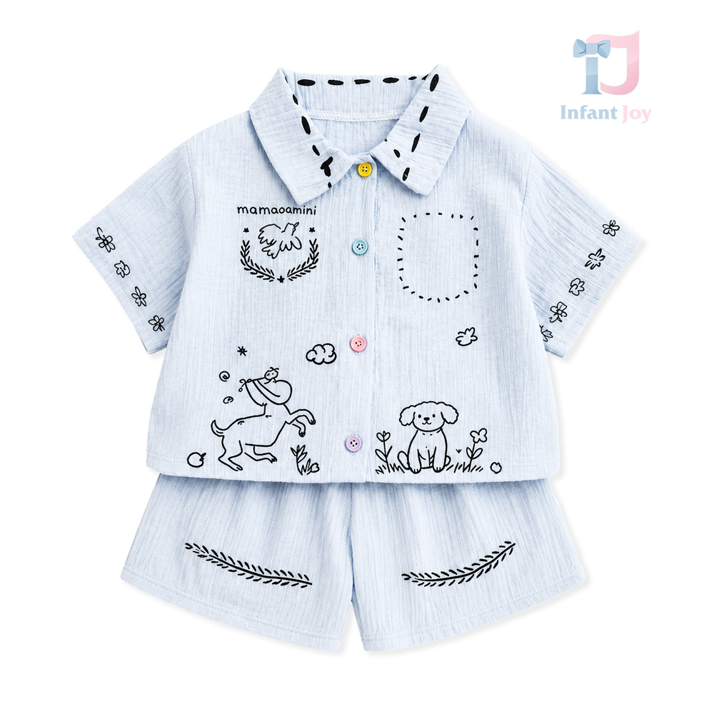 Komplet 2-częściowy składający się z koszuli i spodenek z wielokolorowymi guzikami Playful Sketch Blue