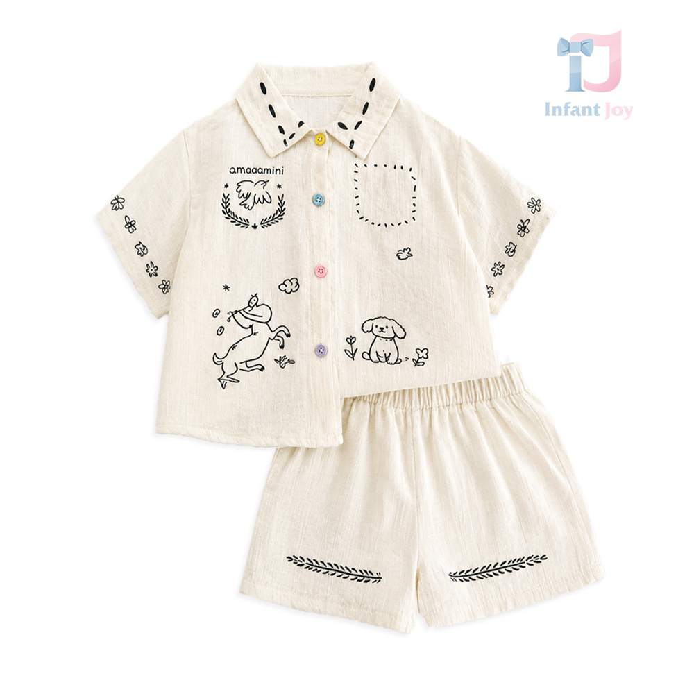 Komplet 2-częściowy: koszula z kolorowymi guzikami i spodenki Playful Sketch