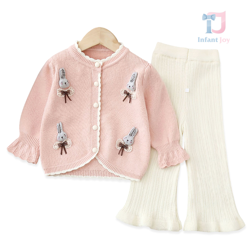 2-piece knitwear set with vest, 3d elements and flared trousers Bunny Pompoms Pink