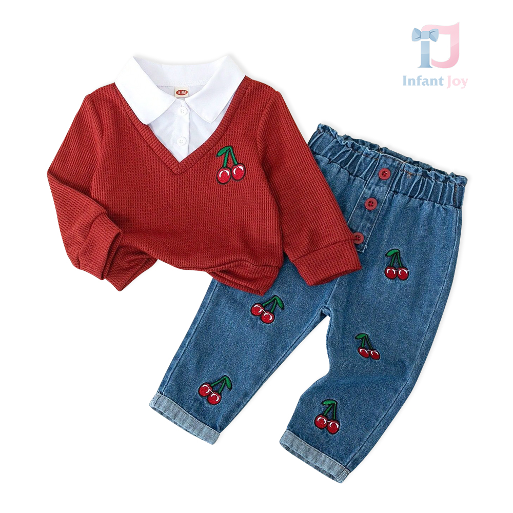 2-piece blouse with attached shirt and denim trousers Cherry Denim Red