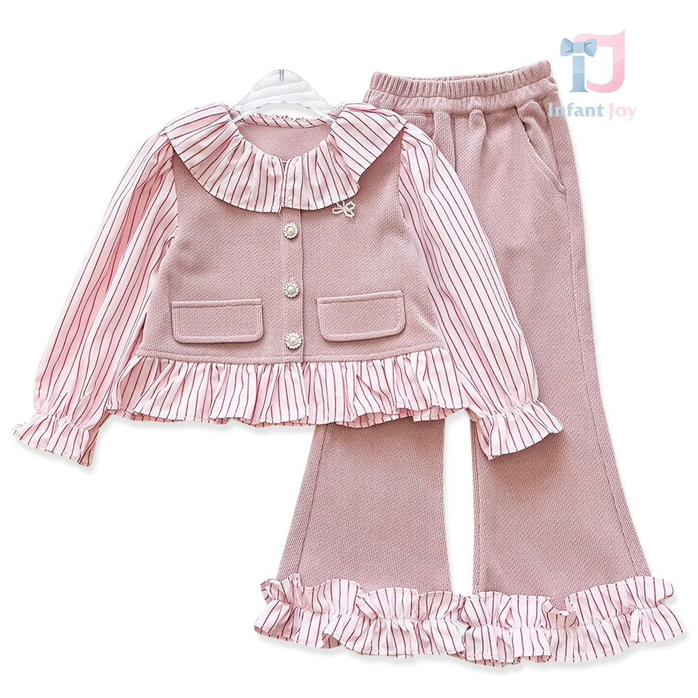3-piece elegant set with a puff-sleeve shirt, sewn-in vest and Charleston-style trousers Classic Ruffles Pink