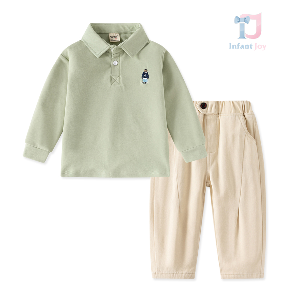 2 piece classic collar top and pants set GBear Green