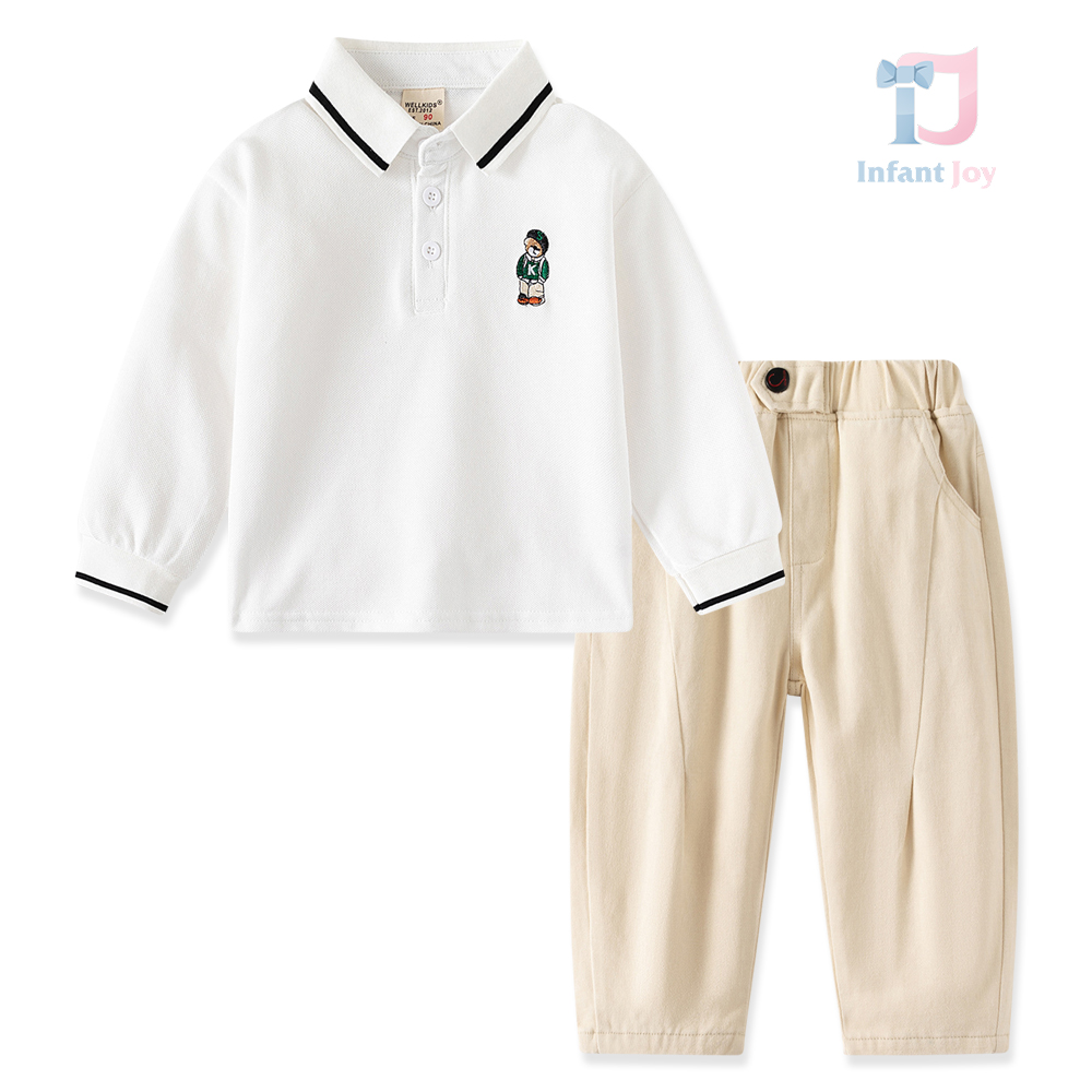 2 piece classic collar top and pants set GBear White