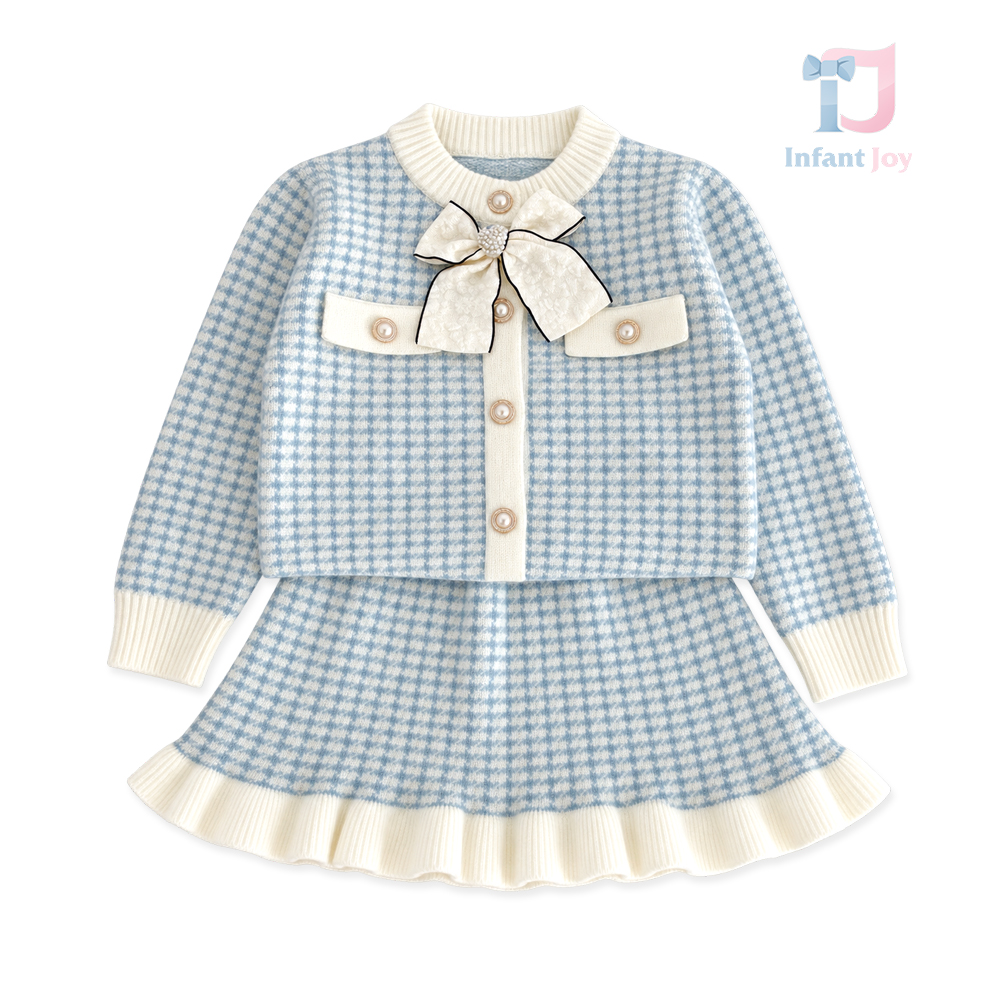 Elegant 3-Piece Set with Pearl-Button Vest, 3D Bow and Ruffled Skirt Mini Lady Blue
