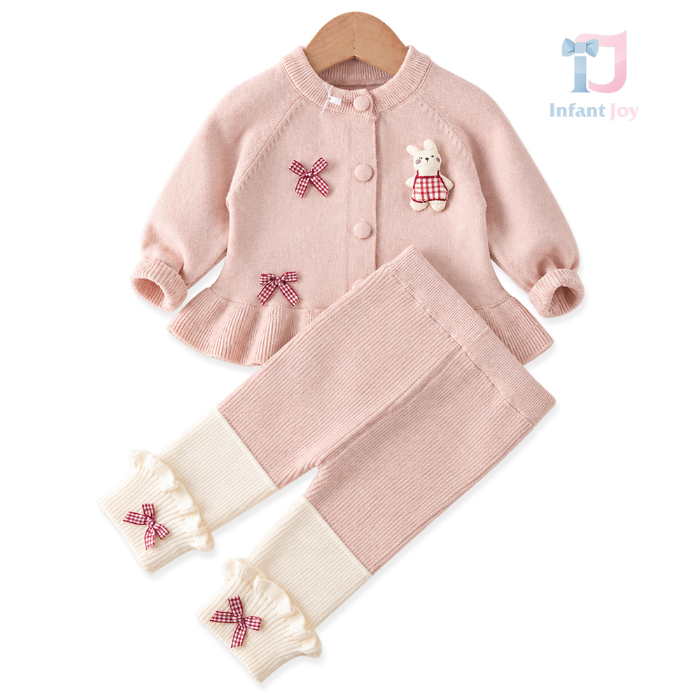 2 részes kötött szett kardigánnal és leggingsszel, 3D részletekkel, fodrokkal és masnikkal Bunny Berry Pink