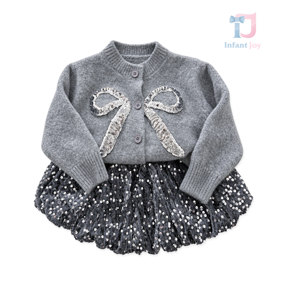 2 részes prémium kötött szett kardigánnal és gazdagon flitterezett szoknyával Twinkle Grace Grey