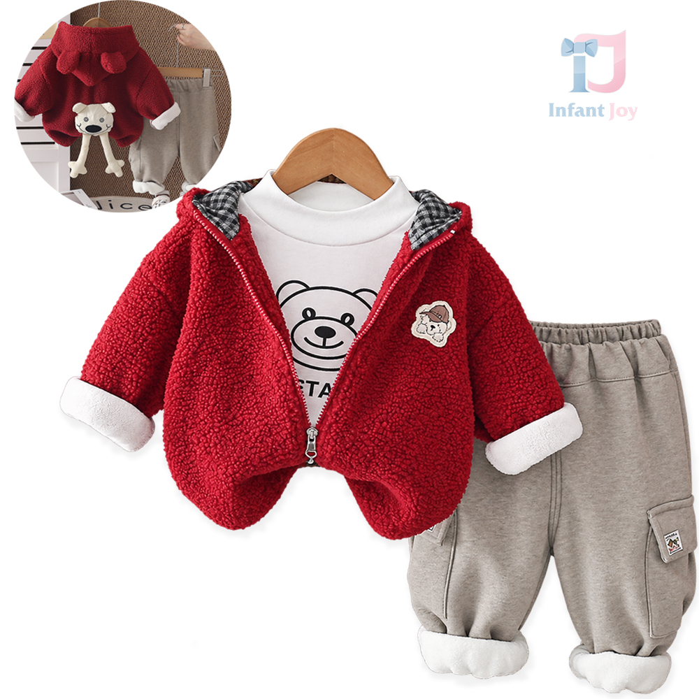 3 részes, vatelinnel bélelt szett 3D applikációs, bolyhos, kapucnis dzsekivel, mintás felsővel és nadrággal Bear Steps