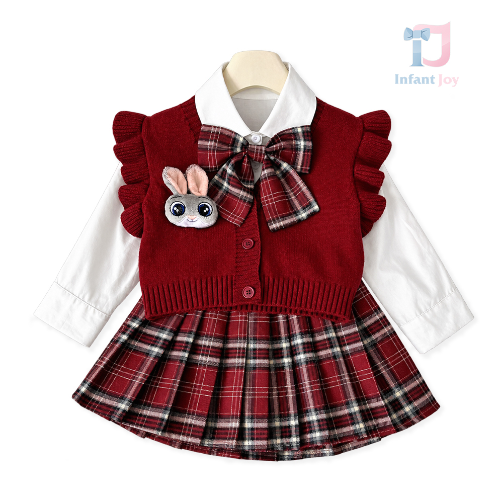 Prémium 4 részes elegáns szett kötött mellénnyel, inggel, rakott szoknyával és levehető masnival School Bunny Red