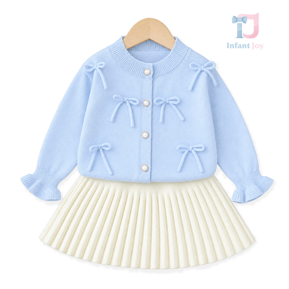 2 részes kötött szett 3D masnis kardigánnal és rakott szoknyával Little Bows Blue