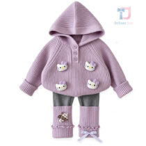 Prémium, 2 részes szett kapucnis kötött pulóverrel, 3D díszekkel és lábszármelegítős, bordázott leggingsszel Soft Kitty Lilac