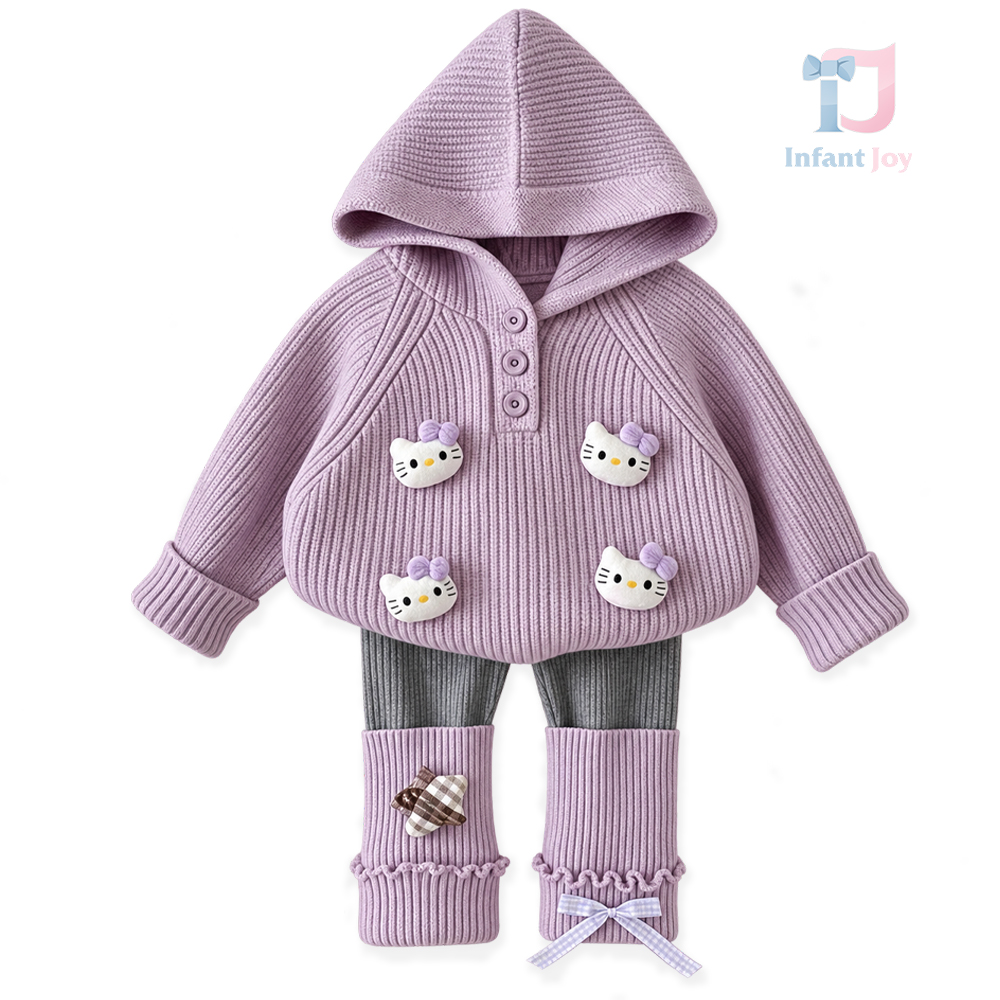 Prémium, 2 részes szett kapucnis kötött pulóverrel, 3D díszekkel és lábszármelegítős, bordázott leggingsszel Soft Kitty Lilac