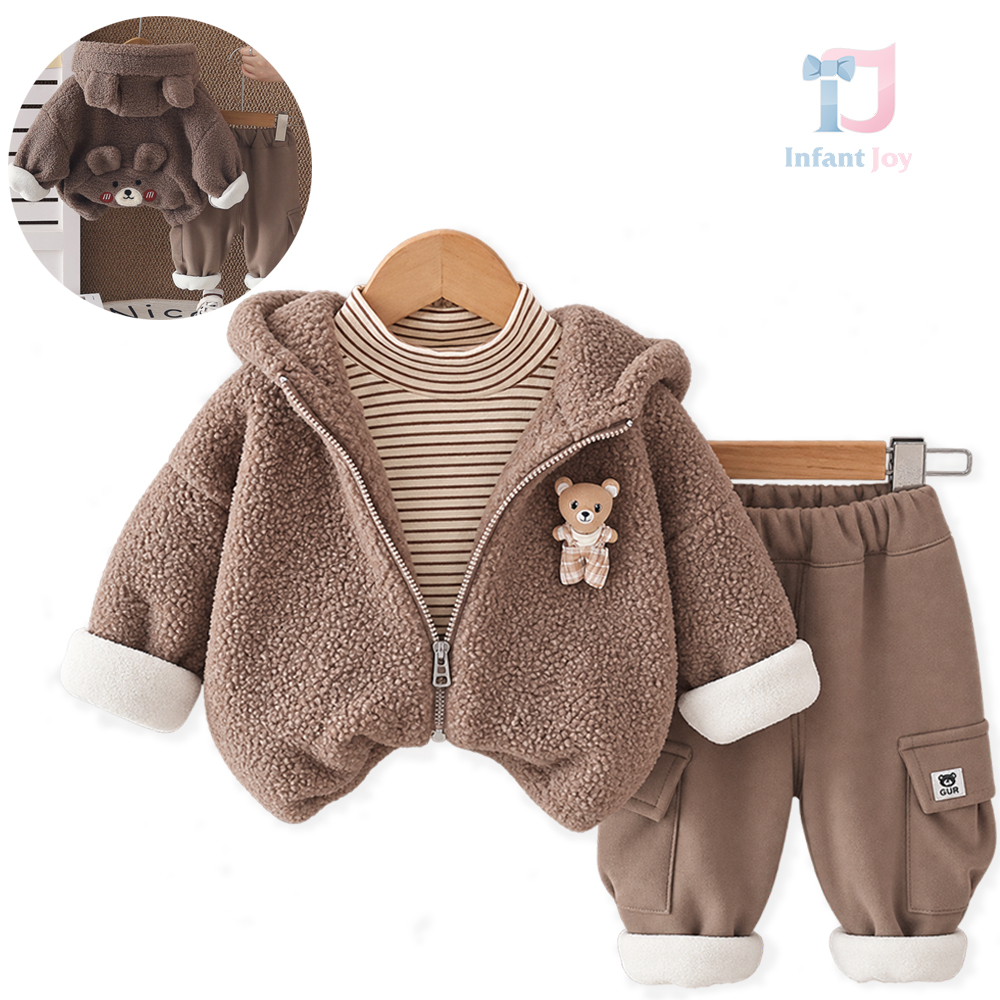 3 részes bélelt szett bolyhos kapucnis kabáttal, csíkos garbónyakú felsővel és cargo nadrággal Teddy Cargo Chocco