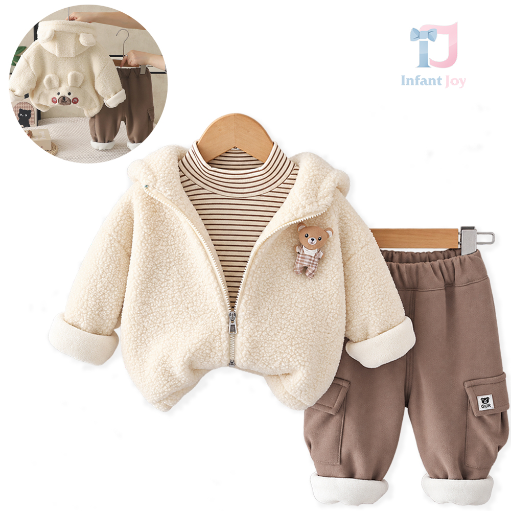 3 részes bélelt szett bolyhos kapucnis kabáttal, csíkos garbónyakú felsővel és cargo nadrággal Teddy Cargo
