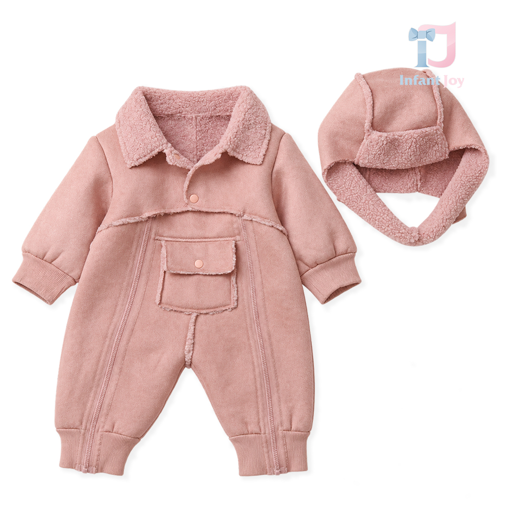 2 részes prémium szett meleg, nagy zsebes művelúr overállal és sapkával Warm Journey Pink