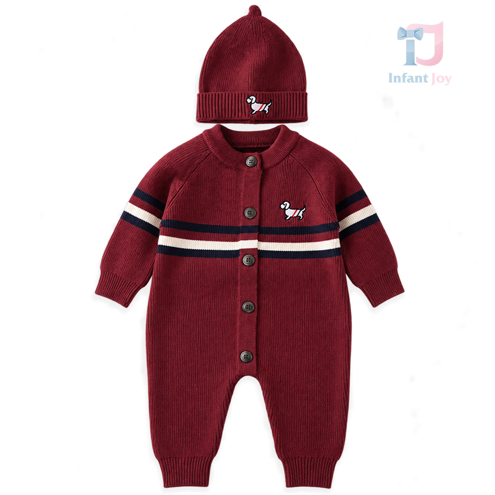 2 részes kötött szett hímzett emblémás overállal és sapkával Puppy Stripe Red