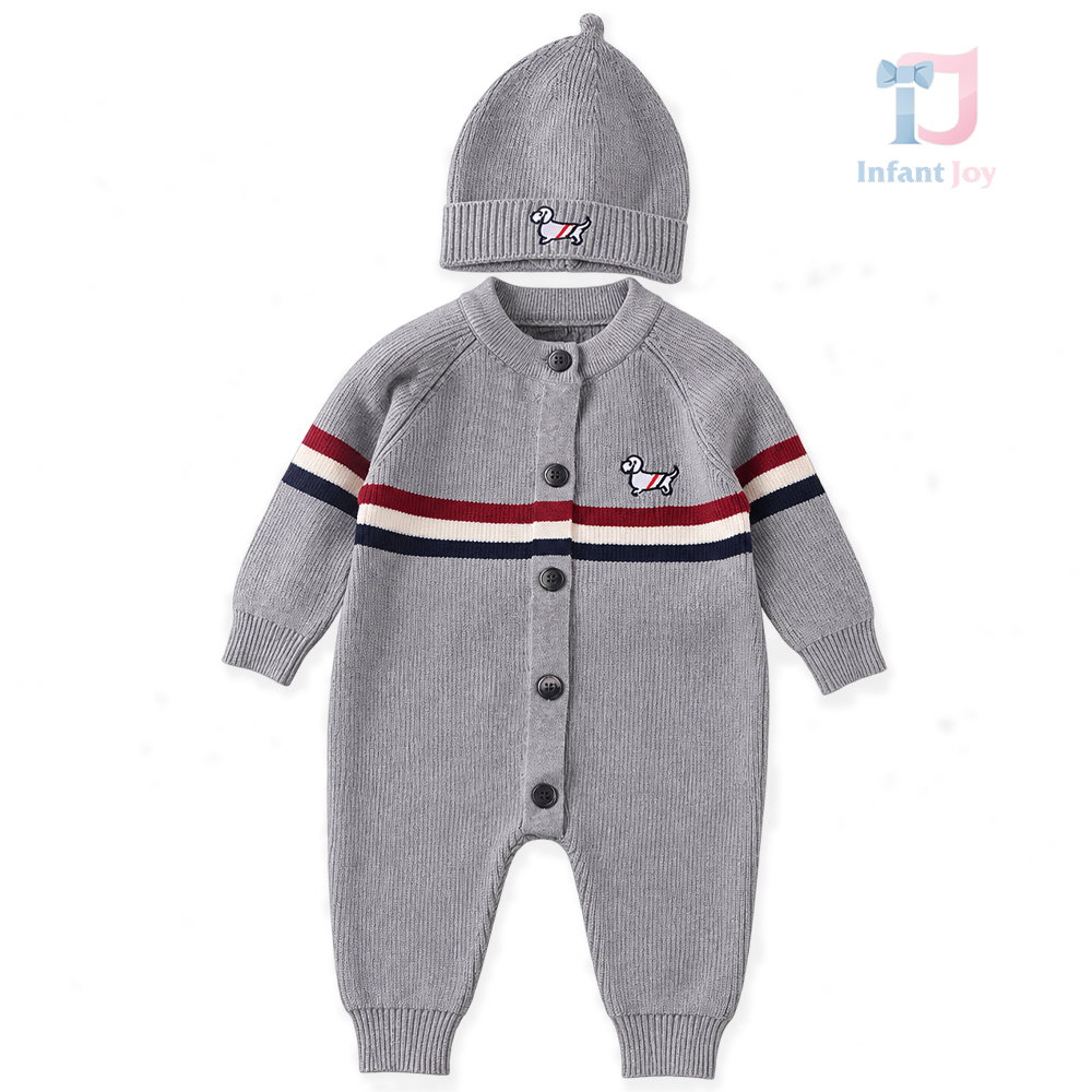 2 részes kötött szett hímzett emblémás overállal és sapkával Puppy Stripe Grey