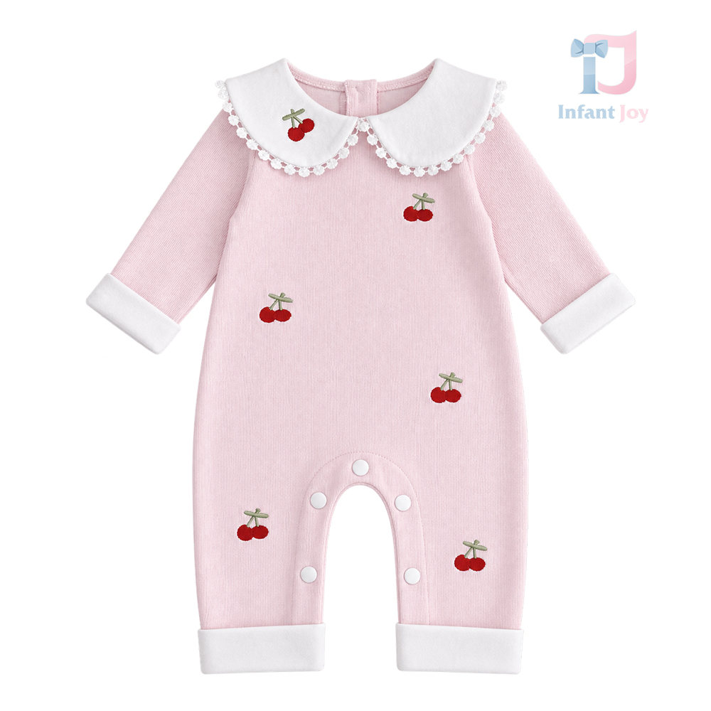 Csipkés, látványos galléros, hímzett rugdalózó Cherry Kiss Pink