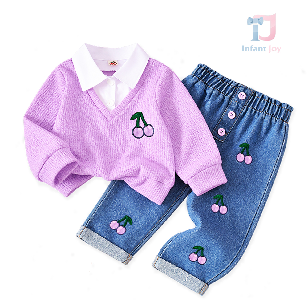2 részes szett hozzávarrt ingrésszel készült felsővel és farmernadrággal Cherry Denim Lilac