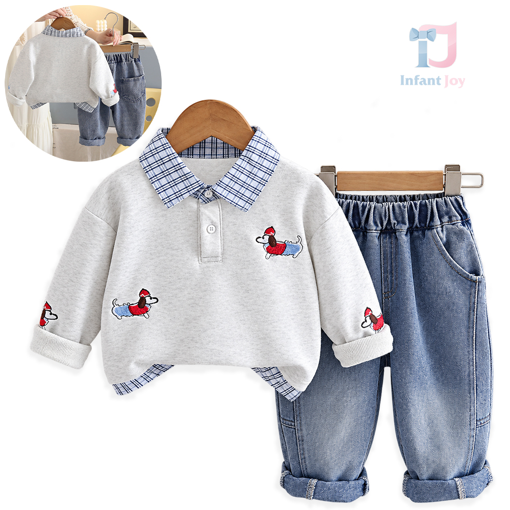 2 részes sportosan elegáns szett klasszikus galléros, hímzett felsővel/pulóverrel és farmernadrággal Bluedogs Grey