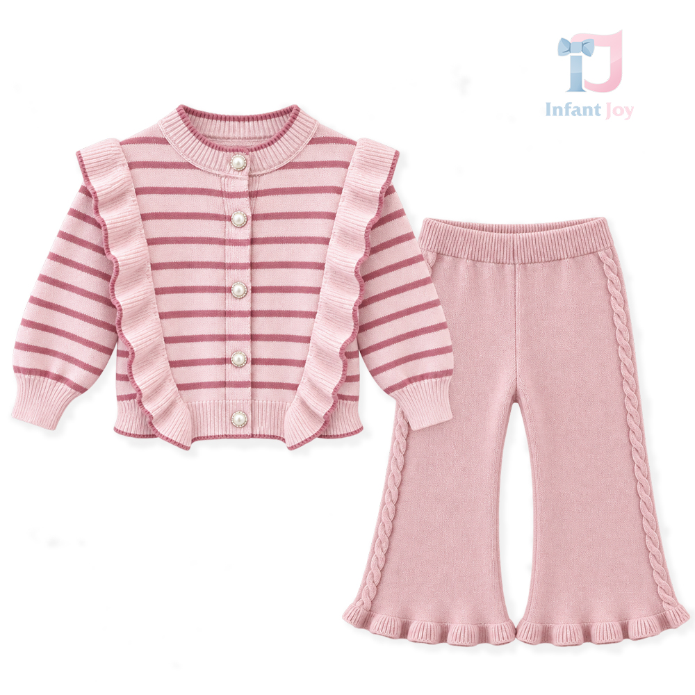 2 részes elegáns szett gyöngyhatású gombos kötött kardigánnal és bővülő szárú nadrággal Pearl Ruffle Pink